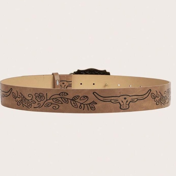 ONLY 1 LEFT of each size - Vintage Buckle PU Leather Cowboy Style Belt - Tan - Picture 4 of 7